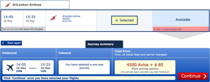 Colombo to Cochin for 4500 Avios + $90 in taxes.