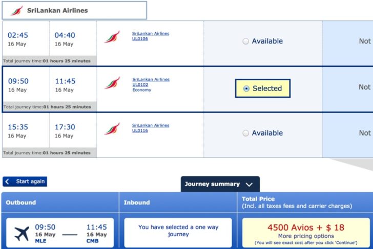 Malé to Colombo for 4500 Avios + $23 in Economy. The reverse routing has taxes closer to $90. Business class isn't as available on this route.