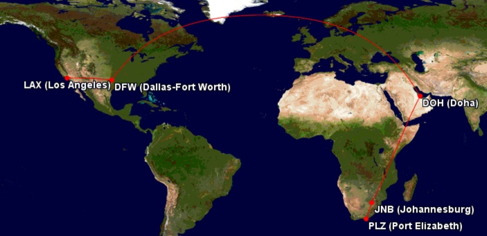 LAX-DFW on American, DFW-DOH-JNB on Qatar Airways, JNB-PLZ on British Airways/Comair