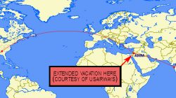 a map of the world with a red line