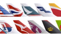 a group of tail fin of airplanes