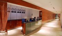 a long shot of a reception desk