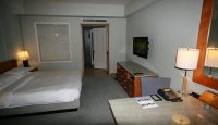 a bedroom with a bed and a desk
