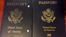 two black passport with gold text