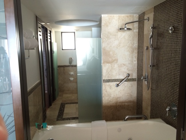 a bathroom with a tub and shower