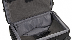 a black suitcase with a mesh inside