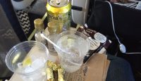 a table with drinks and snacks
