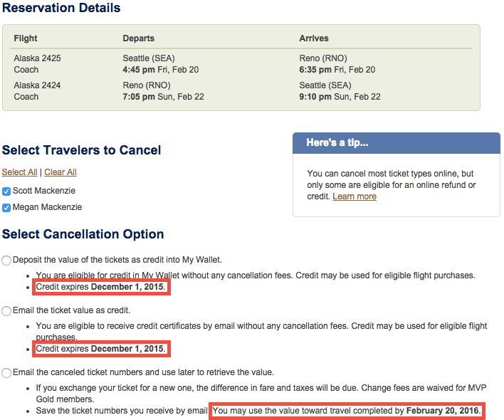 Alaska Airlines canceled flight credit