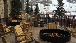 a fire pit with chairs and trees in the background