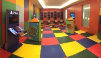 a colorful room with a game machine