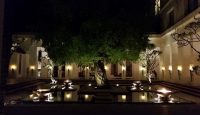 a tree with lights in front of a building