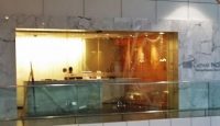 a glass window with lights on