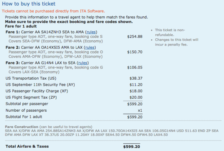 ITA Matrix cheaper combination fare