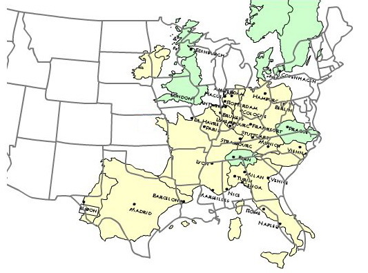 This is Western Europe overlayed on the Eastern US to give you an idea of relative distances. Note that the Iberian Peninsula is roughly the size of Texas and key cities in Europe are typically 3-6 hours by car from each other (Major capitals closer to 10-12 hours).