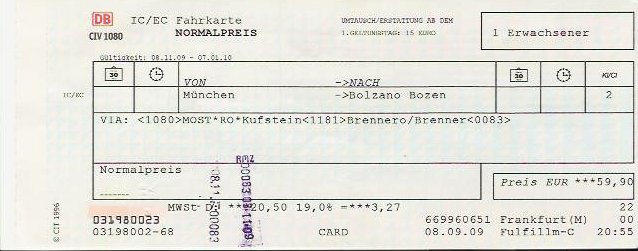 This is a typical Deutsch Bahn ticket - note 2nd class. Seat assignments are required and sold separately