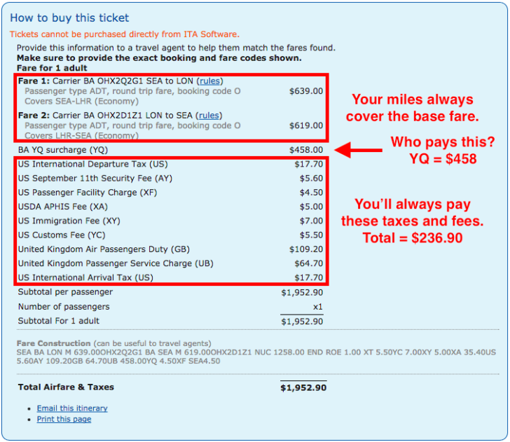 Fare breakdown with fuel surcharge