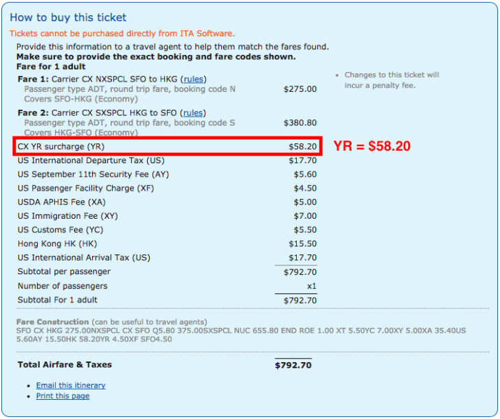 Fare breakdown with low fuel surcharge