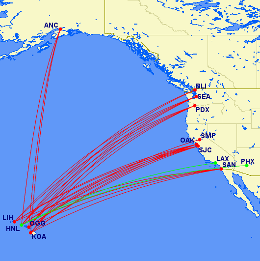Man, isn't that a pretty Avios map! 12,500 each way in coach on all of these routes. Alaska is in Red, American is in Green