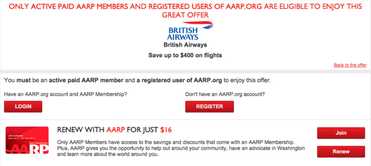 BA AARP Discount terms