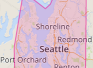 a map of seattle with red and black text