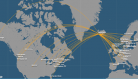 a map of the world with orange lines