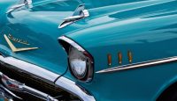 the front of a blue car