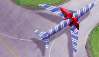 a blue and white airplane with a red bow