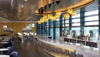 a bar with chairs and lights