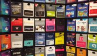 a wall of gift cards