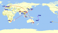 a map of the world with red lines and points