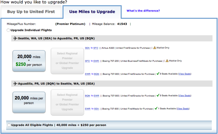 United Airlines upgrade with miles