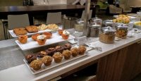 a buffet with food on it