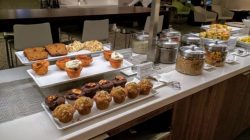 a buffet with food on it