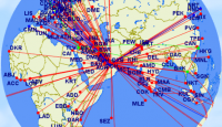 a map of the world with red lines and points