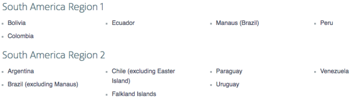 American Airlines region definitions South America