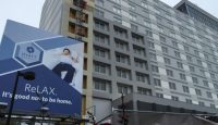 a large building with a sign