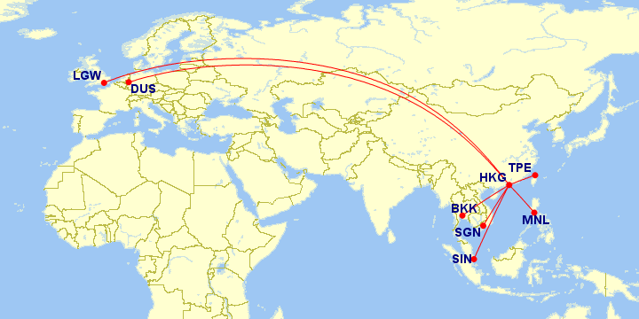 Cathay Pacific A350 Routes. Image Credit: GCmap.com