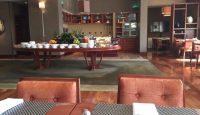 a room with a table of food