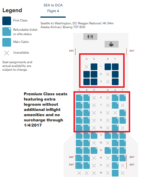 Alaska Premium Class configuration 737-800 before 1/5/17. Credit Alaska Airlines