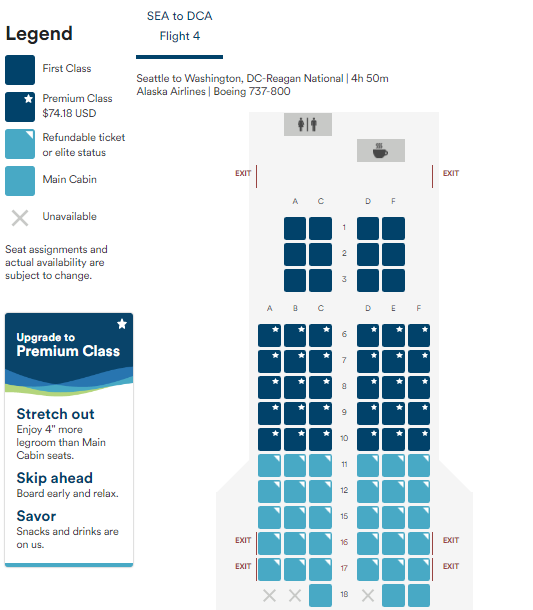 Alaska Airlines 737-800 Premium Class Configuration. 