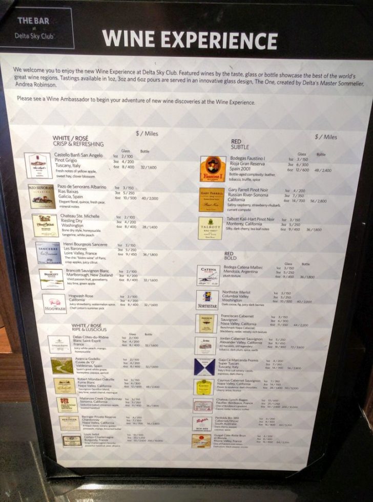 Delta Sky club Atlanta Concourse B - Wine Wall Menu