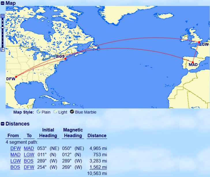 Flight Path DFW-MAD-LGW-BOS-DFW