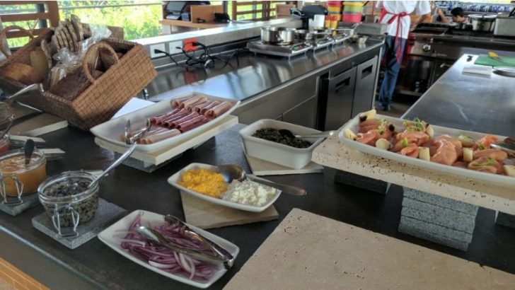 a counter with different food items on it