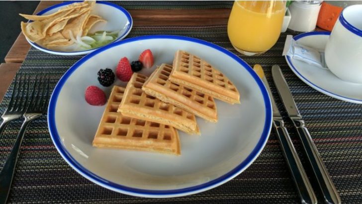 a plate of waffles and fruit