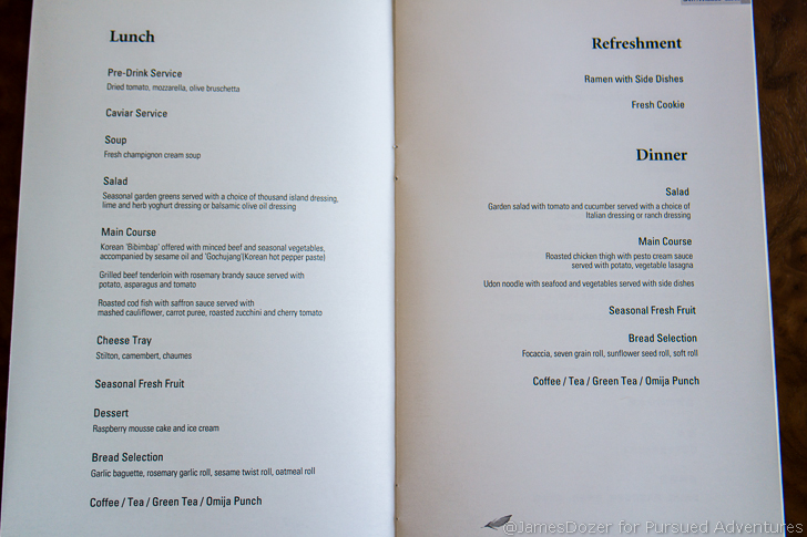 Korean Air First Class menu SFO - ICN