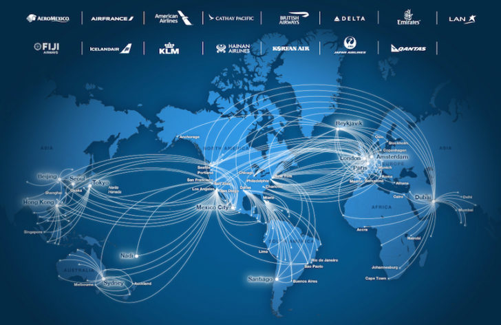 a map of the world with white lines and dots