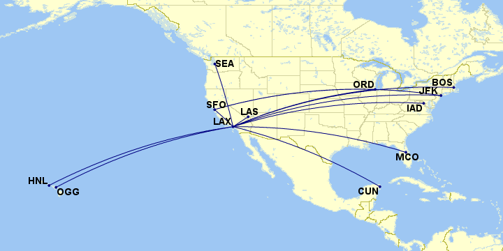 Virgin America routes from LAX which overlap with American