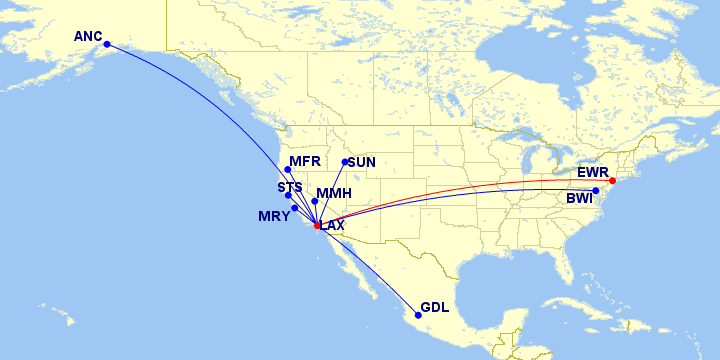 Alaska (blue) and Virgin (red) non-overlapping routes from LAX 