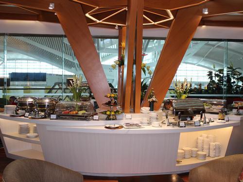 a buffet table with food on it