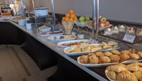 a buffet table with food on it